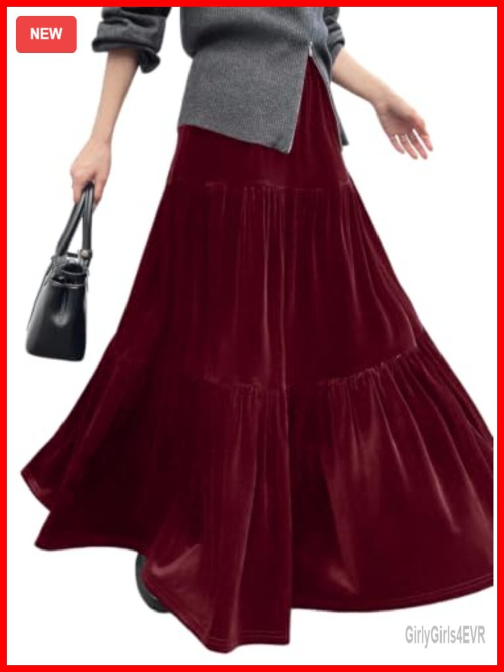 Maxi Skirt Tiered Ruffle Hem A-Line Velvet Flowy Long Skirt with Pockets